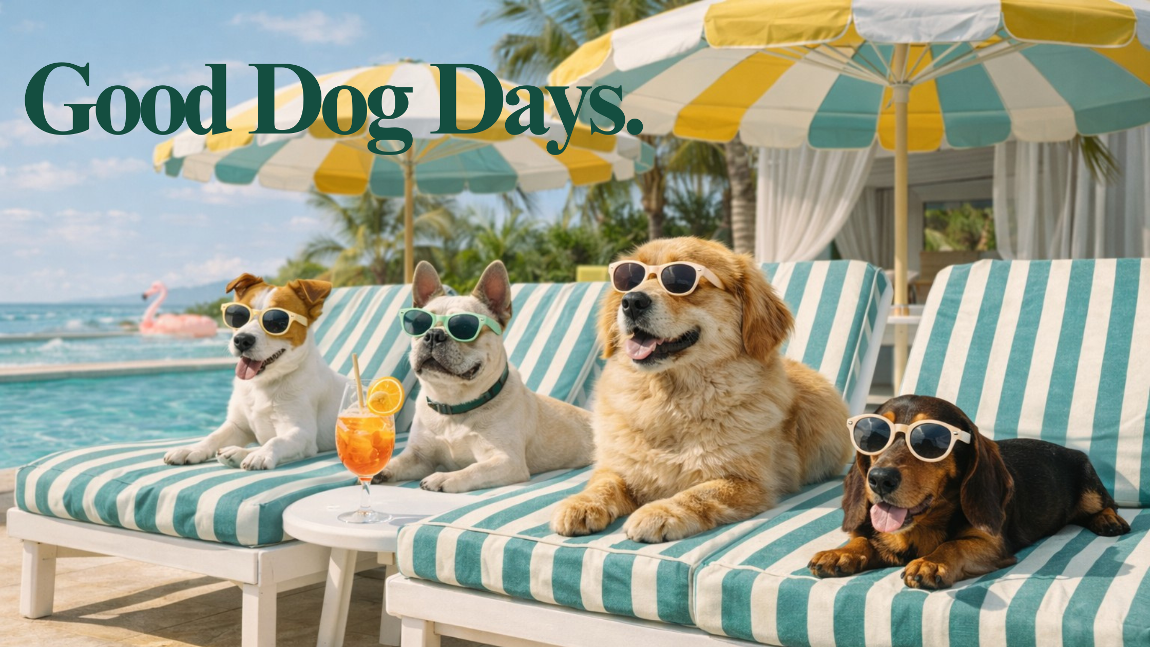 Four pupletts hero dogs wearing sunglasses on a striped beach chair with 'Good Dog Days' text.